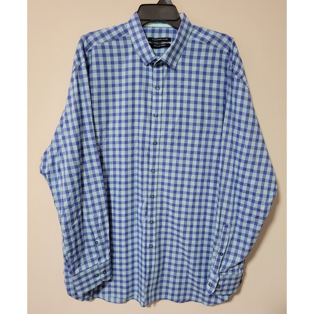 Hammer Made Italian Fabric Dress Shirt Mens 18.5 46 Blue Plaid Button Down